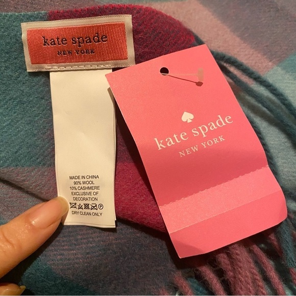 NWT~KATE SPADE Multicolor Festive Check Wool Cashmere Scarf - Picture 6 of 7